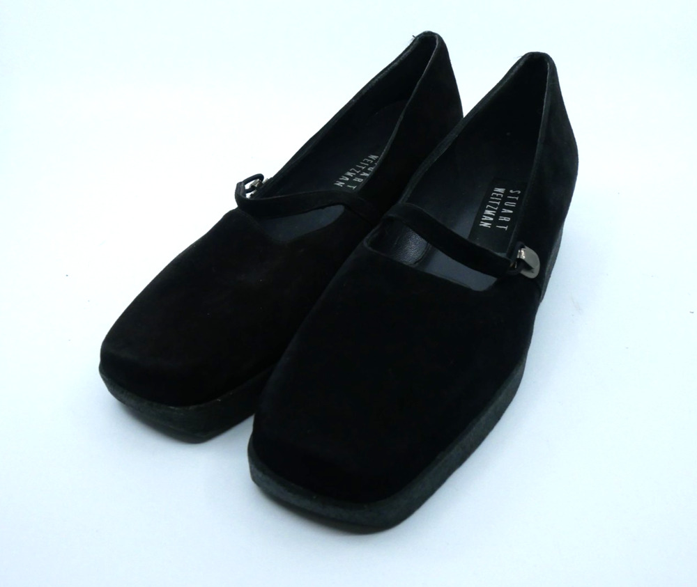 VTG Stuart Weitzman 7 AA Shoes Black Square Toe Mary Janes Suede Material NARROW